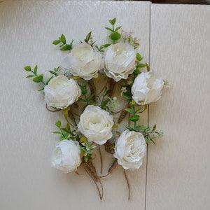 White boutonniere White peony wrist corsage Bridesmaids wrist corsage White peony Groom boutonniere