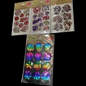 4 Crafter's Square Puffy Roses Carnations Flowers Metallic Style Stickers Pack