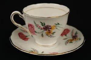 COLCLOUGH Bone China Tea Cup Saucer Gold Trim Pink Carnations Yellow Flowers