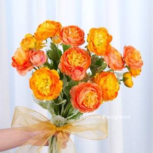3 Heads Ranunculus Stem | Ranunculus Bouquet | High Quality Artificial Flower | DIY | Home Decoration | Gifts - Yellowish Orange + Orange