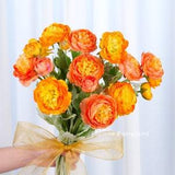 3 Heads Ranunculus Stem | Ranunculus Bouquet | High Quality Artificial Flower | DIY | Home Decoration | Gifts - Yellowish Orange + Orange