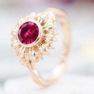 Sunflower Ruby Engagement Ring Art Deco Ruby Wedding Ring 14k Rose Gold Vintage Floral Bridal Anniversary Ring Unique Promise Ring For Women