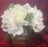 Desktop Artificial Plant, White Flowers in Square Glass Vase w/ Random Greenery
