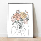 Peony Head Art Print, Modern Line Drawing Art, Woman with Flowers, Peony Bouquet Wall Art, Flower Face Wall Art, Floral Head Print, Peonies