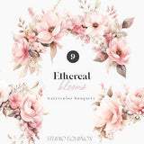 Watercolor Floral Bouquets Clipart, Blush Floral Arrangements, Pink & White Flowers, Wedding Clipart, Dusty Pink Flower, Watercolor Clipart