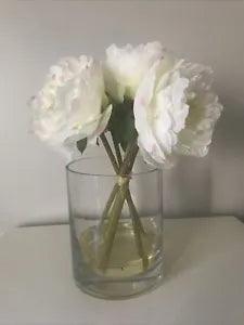 5 Creamy Color PEONY Silk Flowers Tabletop Arrangement Acrylic Water Glass Vase