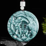 Natural Grade A Jade Jadeite Men Women Carved Phoenix Peony Flower Round Pendant