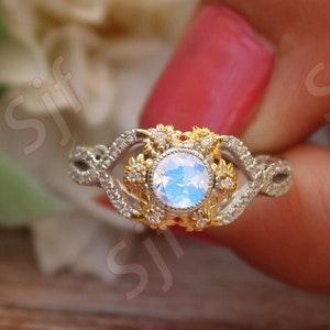 AAA Natural Moonstone Gemstone Engagement Ring, Bridal Moissanite Ring, Art deco Sunflower Ring, Two Tone Ring, Gift For Women, Birthday