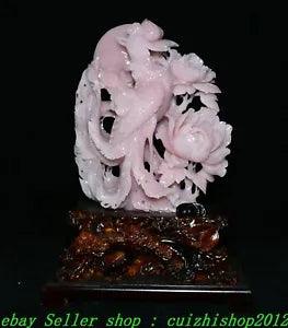 18" Natural Pink Xiu Jade Feng Shui Peony Flower Phoenix Bird Animal Statue