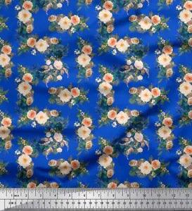 Soimoi Blue Cotton Poplin Fabric Leaves & Peony Floral Print Fabric-aRh