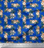 Soimoi Blue Cotton Poplin Fabric Leaves & Peony Floral Print Fabric-aRh
