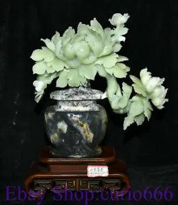 17" Good China Natural Xiu Jade jadeite Carved subshrubby peony flower Statue