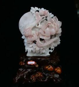 18.2"Exquisite Natural Xiu Pink Jade Carved subshrubby peony flower Birds Statue