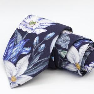 Indigo Blue Large Floral Neck Tie, Stately Bouquet Liberty London, Navy Blue, Sky Blue, Mauve, Slate, White Neck Tie