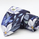 Indigo Blue Large Floral Neck Tie, Stately Bouquet Liberty London, Navy Blue, Sky Blue, Mauve, Slate, White Neck Tie