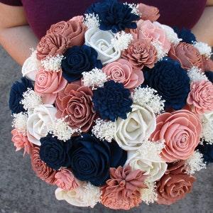 The Princess-Rose Gold, Navy Blue, Blush, and Ivory Wood Flower Wedding Bouquet