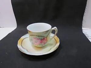 Antique Hand Painted BISQUE FINISH Tea Cup & Saucer PINK CARNATIONS Flowers