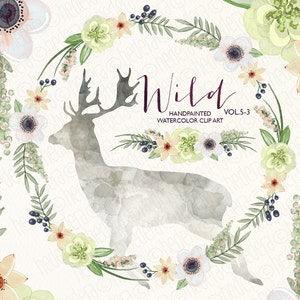 Watercolor flowers, deer antlers, green bouquet, anemones, tribal boho art, wedding suite clip art watercolour branding. 242GB VOL.5¡§C3