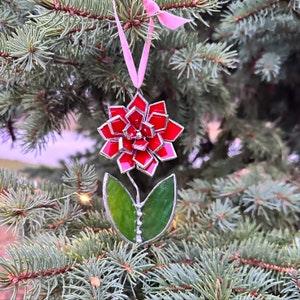 Stained glass Flower Red Suncatcher, Wall Nature decor, Window hanging Orchid, Everlasting Plant, Christmas Ornament Set, cacti succulent