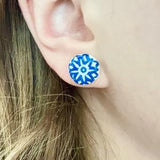 Hand-Painted Sunflower Stud Earrings | Geometric Floral Blue and White