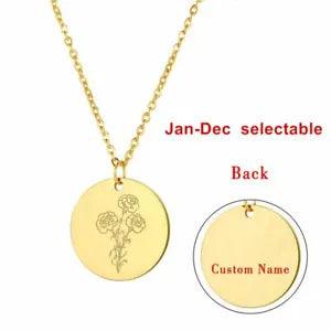 Stainless Steel Flower Birth Month Pendant Necklace Birthday Gift Free Engraving
