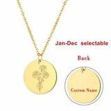 Stainless Steel Flower Birth Month Pendant Necklace Birthday Gift Free Engraving