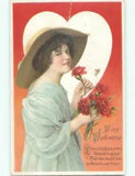 Edge Tear Pre-Linen valentine PRETTY GIRL SMELLING CARNATION FLOWER k5925
