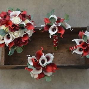 Dark Red Bridal Bouquet, Real Touch Calla Lilies, Roses, Orchids, Dark Red Bridesmaids Bouquet, Red Boutonnieres
