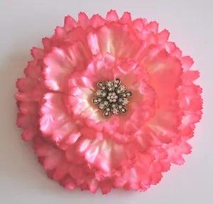 Huge 7" Variegated Pink Peony Rhinestone Cabochon Silk Flower Hair Clip