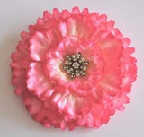 Huge 7" Variegated Pink Peony Rhinestone Cabochon Silk Flower Hair Clip