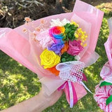 Petite Colourful Dried Flowers Preserved Rainbow Roses Bouquet for Gift, Birthday, Easter, Mothers Day, Table Picnic Setting, Home Decor