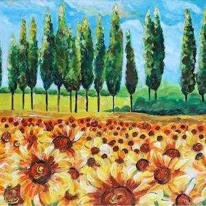 Tuscany Painting Field Orignal Art Sanflowers Landscape Painting Tuscany Country Painting Italy Original Artwork