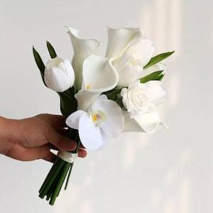 White calla bride bouquet, phalaenopsis wedding bouquet, Orchids bouquet, white tulips bridal bouquet, bridesmaids bouquet