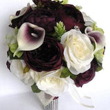 Wedding Bouquets, 17-piece Bridal Bouquet set, EGGPLANT, GREEN, Picasso Calla Lily, Plum, Wedding silk flowers, Bridesmaid 