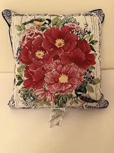 Natco 18??? sq. red peonies W Birds Blue & Cream Tapestry Pillow New