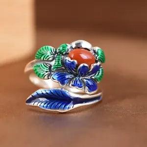 I05 Ring Peony Blue And Green Leaves Red Agate Silver 925 Adjustable