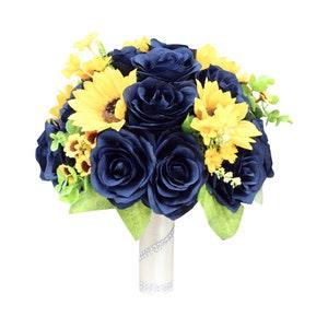 Navy Blue Roses and Yellow Sunflowers Keepsake Artificial Bouquet - Choose Size