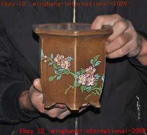 5.6"Yixing Zisha pottery Painted peony flower Butterfly Bonsai Potted plants Pot