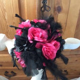 Hot Pink Bridal Bouquet, Black Feathers Wedding Bouquet , Black Roses Bouquet, Bridesmaid Bouquet, Bridal  Bouquet, Boutonniere