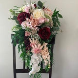 Large cascade bouquet & bridal hair comb with burgundy, blush, neutral silk flowers/Realistic looking wedding bouquet/Faux bridal bouquet