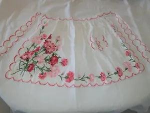 Cute Vtg Ameritex Half Apron Red & Pink Carnation Floral VGC