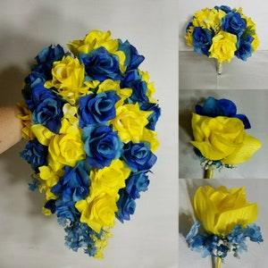 Royal Blue Yellow Rose Bridal Wedding Bouquet Accessories