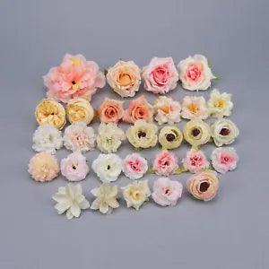 30X Artificial Silk Flower Head Set Rose Peony Fake Flowers DIY Craft Flower Kit