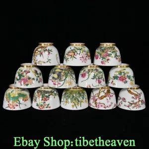 2.8" Marked Old China Famille Rose Porcelain Gilt 12 Pcs Peony Flower Word Bowl