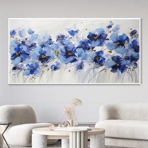 Blooming Blue Flowers Canvas Oil Painting, Spring Decor, Floral Botanical Texture Wall Art, 3D Original Palette Knife Art Stylish Wall Decor