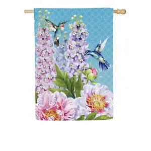 Evergreen House Flag,Spring,Peonies & Hummingbirds House Suede Flag,29"X43"