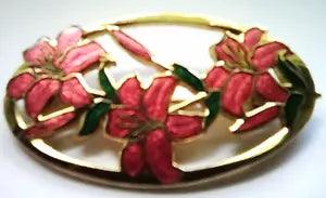 Vtg Pink Green Enamel and Gold Tone Lily Flower Floral Brooch Pin 1in X 2in