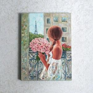 Girl in Paris Painting, Original Art on Canvas, City Artwork, Eiffel Tower Wall Art, Paris Bedroom Decor, Valentines Day gift