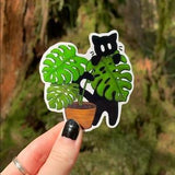 Blact Cat with Monstera Plant Vinyl Sticker