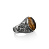 Sterling silver sunflowers men ring for women, tiger eyes stone with sunflower ring, engraved signet ring with tiger's eye, Floral mens ring